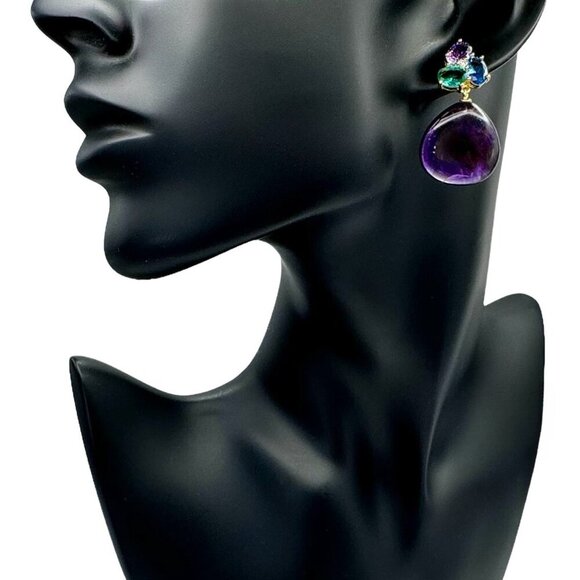 NWT Statement Amethyst Drop Earrings Teardrop 18K Plated Crystal Accents Event - Picture 6 of 11